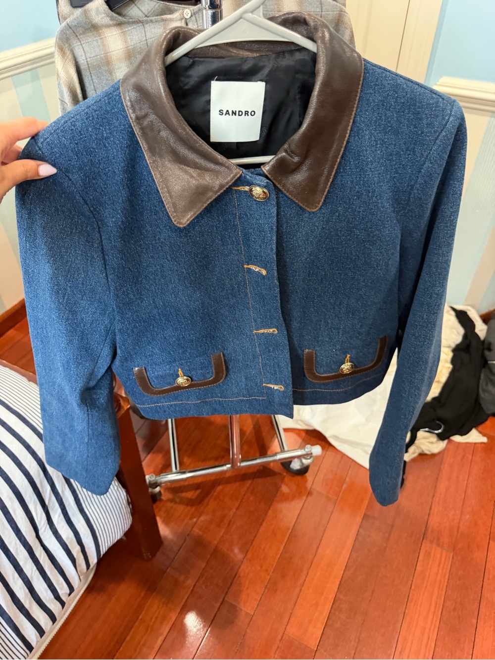 Sandro Blue Denim Cropped Jacket with Brown Leather Collar